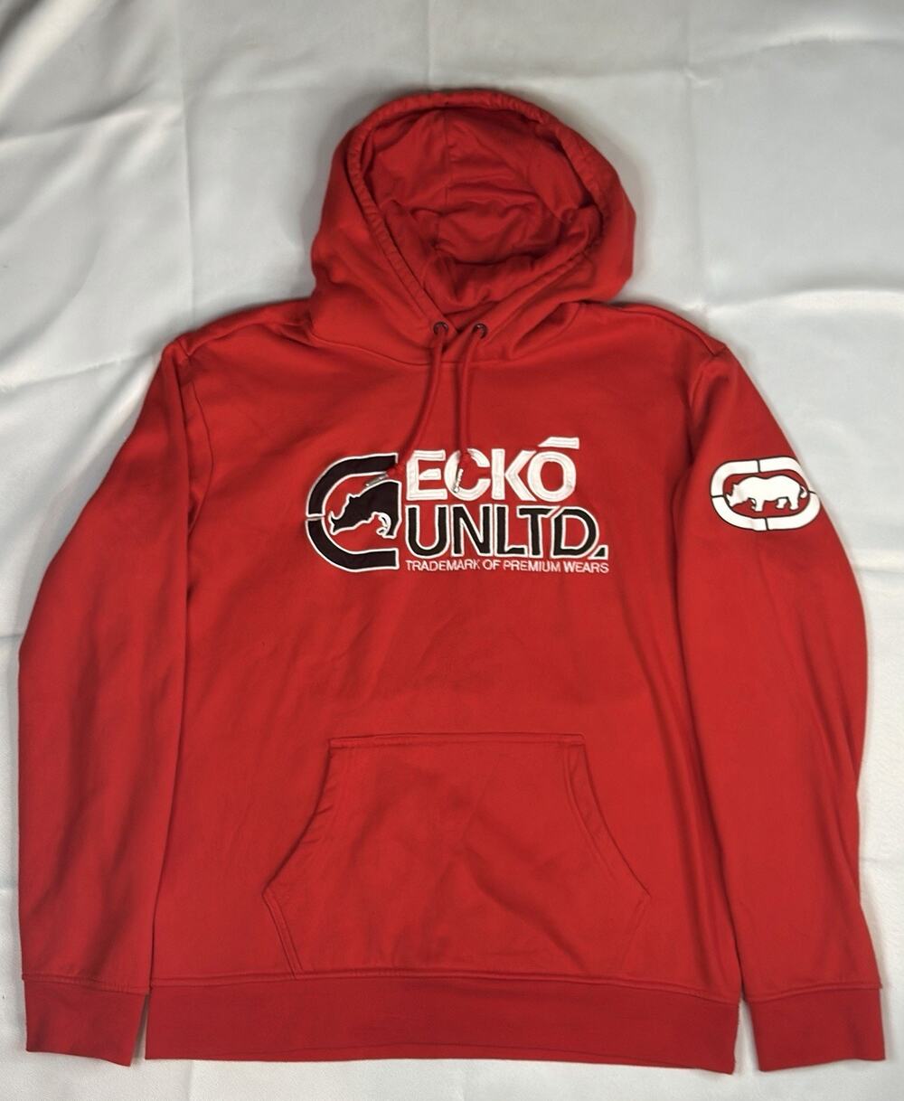Ecko Unltd Mens Red Fleece Hoodie Sweatshirt Size L Graphic Big Logo Pullover